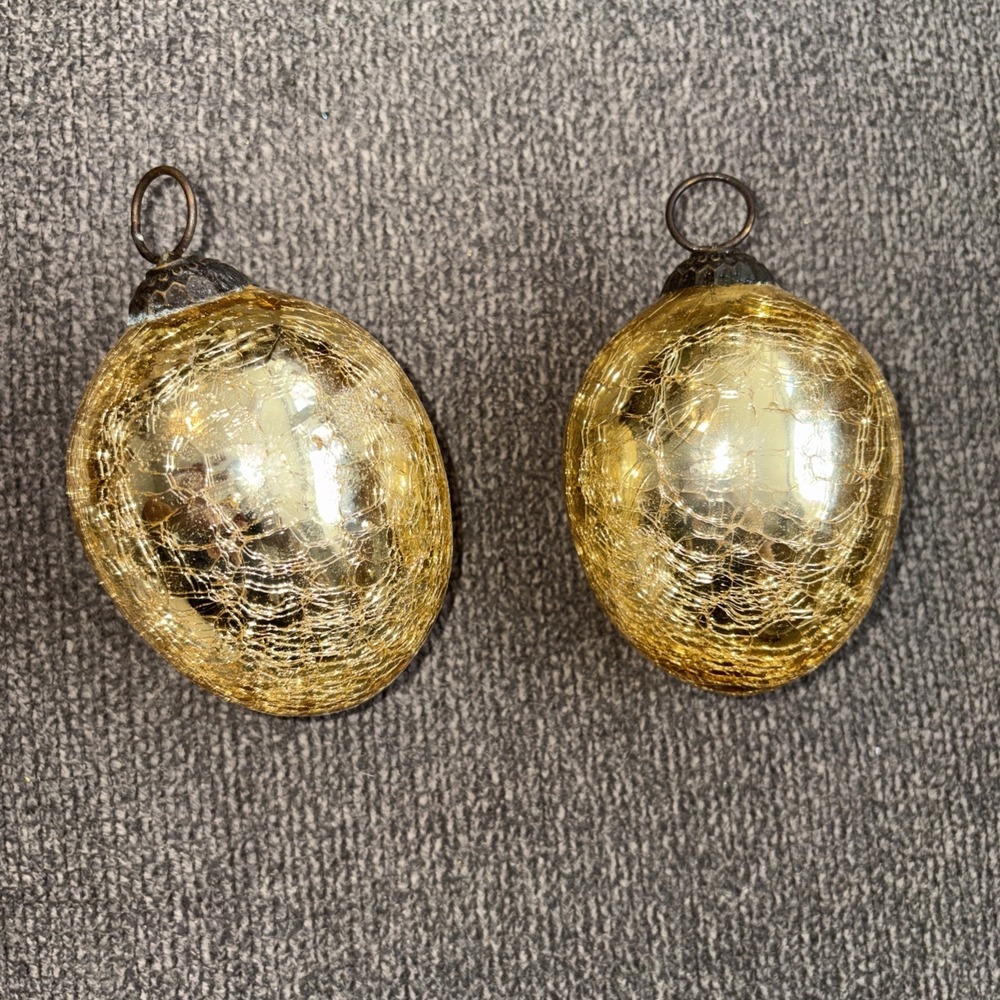 Antique German Kugel Glass Egg Shaped  Gold Christmas Ornament Crackle